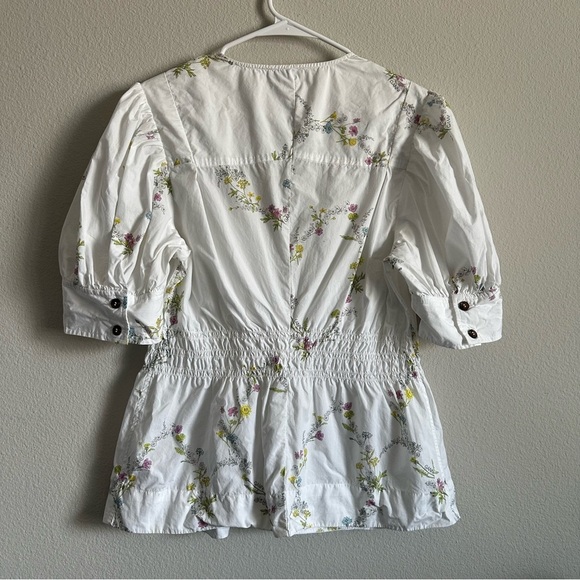 GANNI printed poplin puff sleeve V neck women’s blouse - Picture 6 of 12